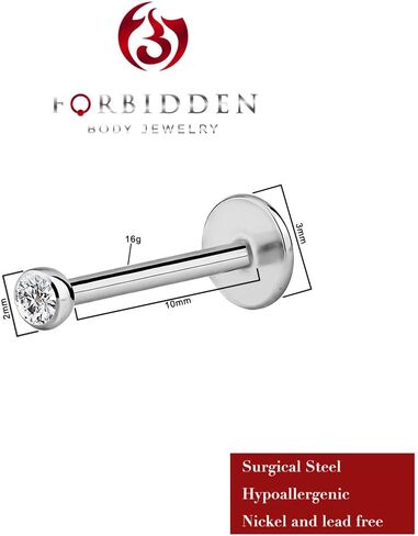 Forbidden Body 16G Jewelry Surgical Steel Internally Threaded Micro CZ Gem Tragus/Labret/Helix Piercing Stud/2mm Top (6mm-10mm) in Saudi Arabia
