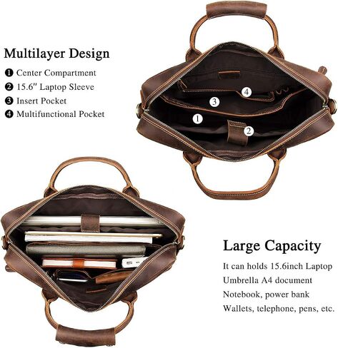 Augus Vintage Leather Briefcase for Men 15.6 Inch Laptop Computer Bag Retro Messenger Crossbody Shoulder Bag | Vintage Leather in Kuwait