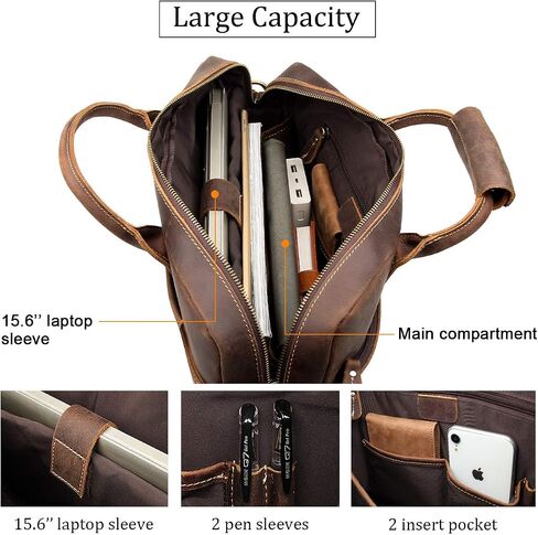 Augus Vintage Leather Briefcase for Men 15.6 Inch Laptop Computer Bag Retro Messenger Crossbody Shoulder Bag | Vintage Leather in Kuwait