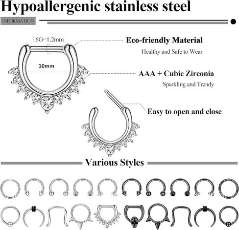 Fansilver 16 قطعة 16 جرام حلقات حاجز من الفولاذ الجراحي مجوهرات حدوة الحصان تشيكوسلوفاكيا حلقة الأنف هوب الغضروف الحلزون Daith Tragus حلق الفرس الحاجز الدائري محارة ثقب المجوهرات للنساء والرجال in Kuwait