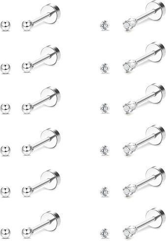FIBO STEEL 12 Pairs 20G Cartilage Earrings Stud for Women Men Stainless Steel Tiny 2mm & 3-8mm Studs CZ Round Ball Flatback Earring Set in Kuwait