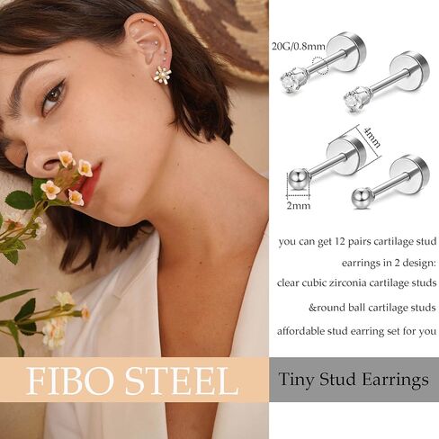 FIBO STEEL 12 Pairs 20G Cartilage Earrings Stud for Women Men Stainless Steel Tiny 2mm & 3-8mm Studs CZ Round Ball Flatback Earring Set in Kuwait
