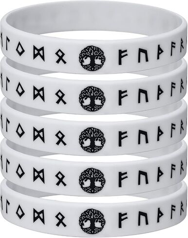 MEALGUET 5 قطع سوار فايكنغ للرجال: أسود نورديك فايكنغ رونز سوار معصم للرجال والنساء، شريط مطاطي من السيليكون مريح مناسب لمجوهرات الفايكنج، أسود/أبيض in Kuwait