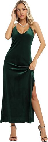 Capuffy Women's Spaghetti Straps Deep V Neck Velvet Backless Maxi Dress Double High Slit Velvet Cocktai Party Dress 72040 in Kuwait