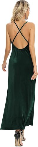 Capuffy Women's Spaghetti Straps Deep V Neck Velvet Backless Maxi Dress Double High Slit Velvet Cocktai Party Dress 72040 in Kuwait