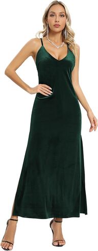 Capuffy Women's Spaghetti Straps Deep V Neck Velvet Backless Maxi Dress Double High Slit Velvet Cocktai Party Dress 72040 in Kuwait