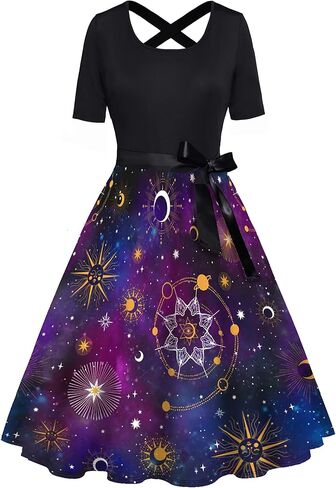 FEAPHY Women's Sun Moon Star Galaxy Dress Short Sleeve High Waisted Belted A-Line Midi Dress in Kuwait