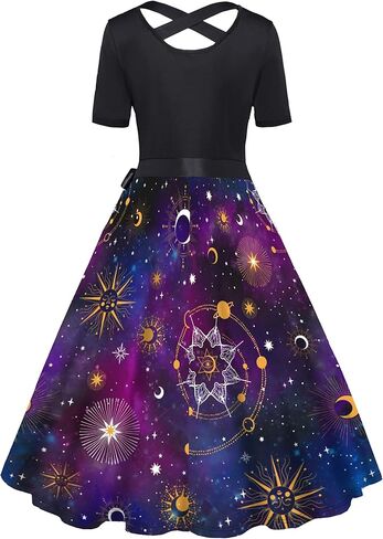 FEAPHY Women's Sun Moon Star Galaxy Dress Short Sleeve High Waisted Belted A-Line Midi Dress in Kuwait