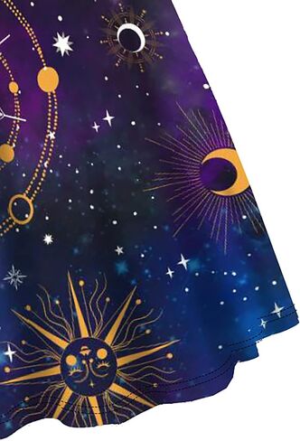 FEAPHY Women's Sun Moon Star Galaxy Dress Short Sleeve High Waisted Belted A-Line Midi Dress in Kuwait