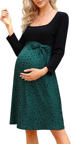 Coolmee Maternity Dress Square Neck Ribbed Floral Sweater A-Line Fall Boho High Waist 2-in-1 Dress with Belt in Kuwait