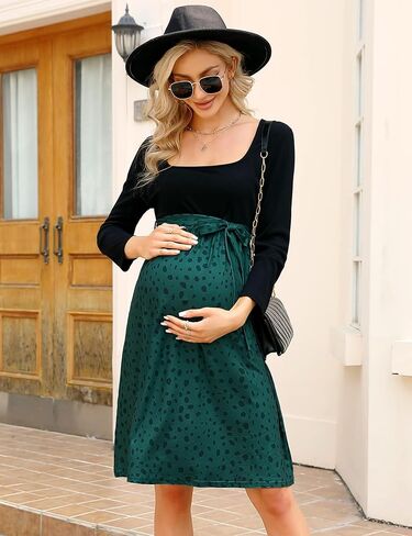 Coolmee Maternity Dress Square Neck Ribbed Floral Sweater A-Line Fall Boho High Waist 2-in-1 Dress with Belt in Kuwait