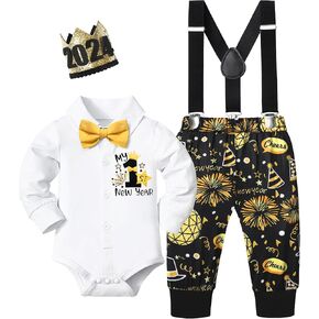 AGAPENG السنة الجديدة بيبي بوي الزي سنة جديدة سعيدة بلدي 1st 2024 شهم رومبير مع ربطة القوس فيونكة الألعاب النارية الحمالة السراويل تاج in Kuwait