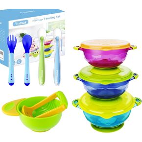 MICHEF Baby Bowls, Baby Feeding Bowls Set with 2 Hot Safe Baby Fork and Spoon, 2 Soft-Tip Silicone Baby Spoons, Mash and Serve Bowl - Set of 3 Suction Baby Bowls for Toddler with Lids in Kuwait