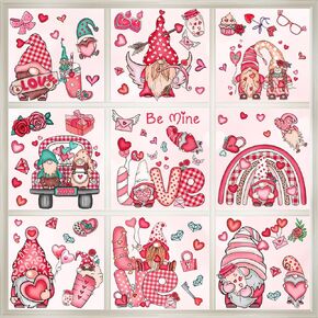 JUNEBRUSHS 9 Sheets Valentine's Day Window Clings Gnomes Love Rose Pink Window Decals Non-Adhesive Electrostatic Valentines Window Clings for Home School Office Decoration Wedding Anniversary Party