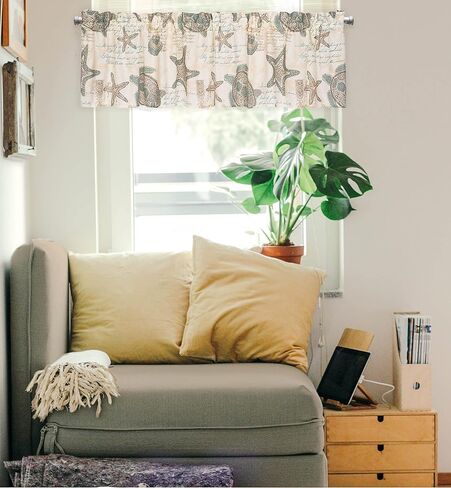 C&F Home Amber Sands Valance مجموعة من 2 ستائر قطنية بحرية ساحلية للحياة البحرية والشاطئ لنافذة المعيشة وتناول الطعام والحمام والمطبخ مجموعة من 2 بيج in Kuwait