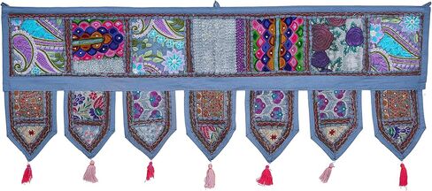 ANJANIYA عيد الميلاد ديكور المنزل القطن الهندي البوهيمي العرقي خمر المرقعة الباب توبر الستائر نافذة الجدار شنقا اليد المطرزة توران الهبي ديكور غرفة المعيشة (38x13 بوصة) (الفيروز) in Kuwait