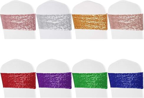 حزمة من 50 وشاحًا للكراسي من ANMINY مزخرفة بالترتر في جميع أنحاء الجسم وشريط مطاطي لتغطية الكرسي وحفلات الزفاف الرومانسية والمهرجانات وديكورات المنزل والولائم وحفلات استقبال الفندق، فضي in Kuwait