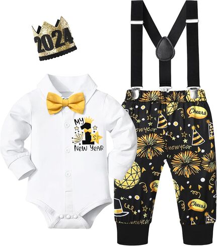 AGAPENG السنة الجديدة بيبي بوي الزي سنة جديدة سعيدة بلدي 1st 2024 شهم رومبير مع ربطة القوس فيونكة الألعاب النارية الحمالة السراويل تاج in Kuwait