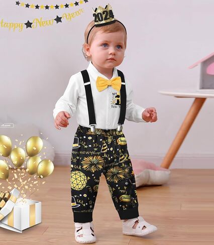AGAPENG السنة الجديدة بيبي بوي الزي سنة جديدة سعيدة بلدي 1st 2024 شهم رومبير مع ربطة القوس فيونكة الألعاب النارية الحمالة السراويل تاج in Kuwait