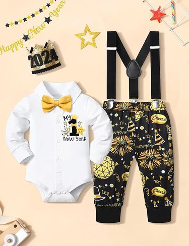 AGAPENG السنة الجديدة بيبي بوي الزي سنة جديدة سعيدة بلدي 1st 2024 شهم رومبير مع ربطة القوس فيونكة الألعاب النارية الحمالة السراويل تاج in Kuwait