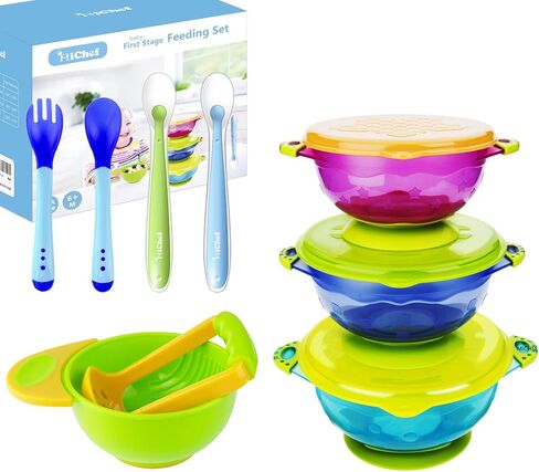 MICHEF Baby Bowls, Baby Feeding Bowls Set with 2 Hot Safe Baby Fork and Spoon, 2 Soft-Tip Silicone Baby Spoons, Mash and Serve Bowl - Set of 3 Suction Baby Bowls for Toddler with Lids in Kuwait