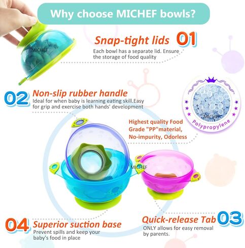 MICHEF Baby Bowls, Baby Feeding Bowls Set with 2 Hot Safe Baby Fork and Spoon, 2 Soft-Tip Silicone Baby Spoons, Mash and Serve Bowl - Set of 3 Suction Baby Bowls for Toddler with Lids in Kuwait