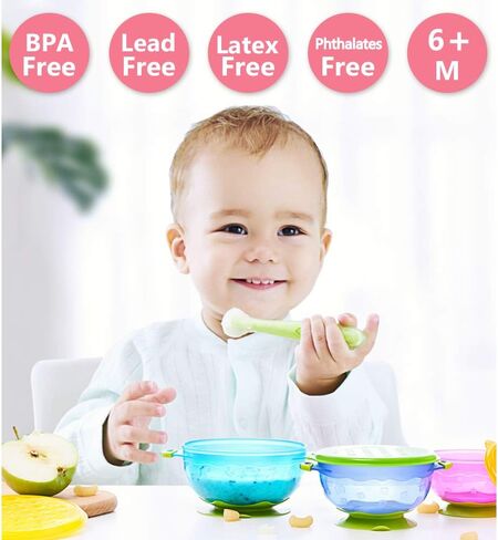 MICHEF Baby Bowls, Baby Feeding Bowls Set with 2 Hot Safe Baby Fork and Spoon, 2 Soft-Tip Silicone Baby Spoons, Mash and Serve Bowl - Set of 3 Suction Baby Bowls for Toddler with Lids in Kuwait