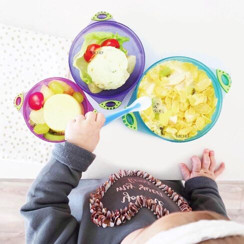 MICHEF Baby Bowls, Baby Feeding Bowls Set with 2 Hot Safe Baby Fork and Spoon, 2 Soft-Tip Silicone Baby Spoons, Mash and Serve Bowl - Set of 3 Suction Baby Bowls for Toddler with Lids in Kuwait
