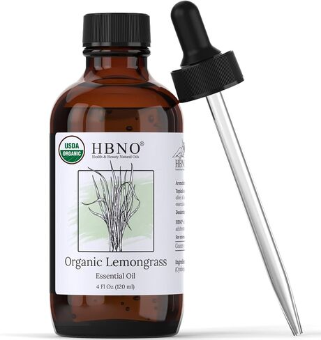 زيت عشبة الليمون العطري العضوي من HBNO - حجم كبير 4 أونصة (120 مل) - زيت عشبة الليمون العطري العضوي المعتمد من وزارة الزراعة الأمريكية، مقطر بالبخار للعلاج بالروائح العطرية، وصناعة الصابون، DIY، موزع الروائح in Kuwait