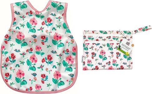 حزمة BapronBaby Eric Carle Pink Floral Caterpillar - Bapron (Sz Baby / Baby 6m-3T) + حزمة حقيبة مبللة مقاس 11 بوصة × 9 بوصة - مريلة ناعمة مقاومة للماء والبقع - يمكن غسلها في الغسالة in Kuwait