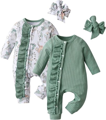 Acekoy Newborn Baby Girl Clothes 2 Pack Romper Long Sleeve Printing Headband Jumpsuits Sets in Saudi Arabia
