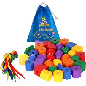 Play Brainy Lacing Beads for Kids - 36-Piece Lacing Beads Kit with Multicolored Polygon Beads and 4 Strings - Jumbo Primary Lacing Beads, Montessori Toys, Occupational Therapy Toys for Ages 3 and Up in Kuwait