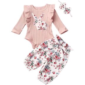 WALLARENEAR Newborn Infant Baby Girls Easter Outfits Bunny Long Sleeve Knitted Romper Bodysuit Pants Headband 3Pcs Clothes