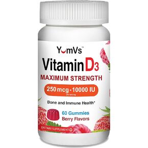 YUM-V'S فيتامين D3 10000 وحدة دولية علكة ذات قوة قصوى للبالغين من YumVs | فيتامين د 5000 وحدة دولية لكل علكة | 250 ميكروجرام – فيتامين د لكل جرعة | كوشير نباتي قابل للمضغ بنكهة التوت - 60 قطعة in Kuwait