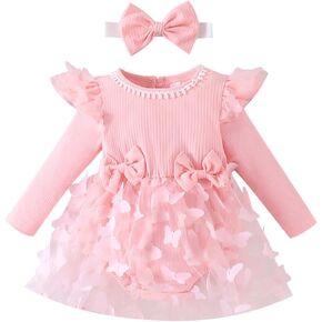 Newborn Baby Girls Butterfly Dress Long Sleeve Romper Princess Tulle Tutu Dress +Headband 2PCS First Birthday Fall Outfit