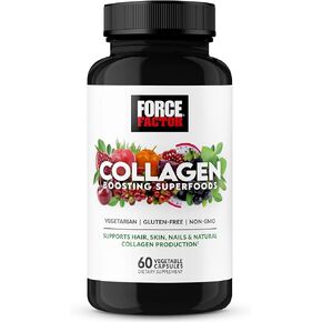 FORCE FACTOR Collagen Boosting Superfoods with Biotin, Hyaluronic Acid, Bamboo, and Hair, Skin, and Nails Vitamins, Nail Strengthener and Skin Supplement, 60 Vegetable Capsules