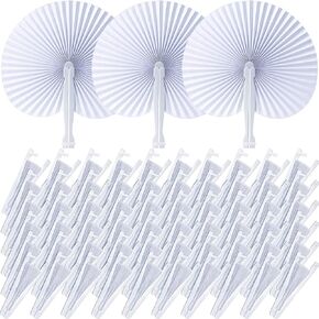 200 Pieces Wedding Fans Folding Paper Fans Paper Wedding Fans Round Shaped Folding Fans Handheld Fan with Plastic Handle for Wedding Celebration Birthday Party Favor (White)