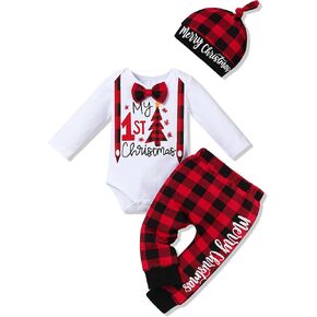 ملابس Perdeca My First Christmas Baby Boy بأكمام طويلة وسروال مخطط مع قبعة عيد الميلاد مجموعات ملابس الرضع in Kuwait