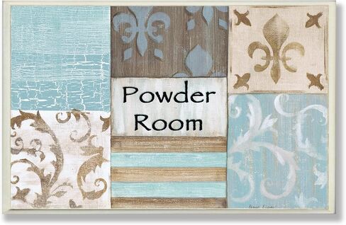 Stupell Industries The Stupell Home Decor Collection Fleur de Lis Powder Room Blue, Brown and Beige Bathroom Grey Framed Wall Art, 11 x 14, Design by Artist Bonnie Wrublesky in Saudi Arabia
