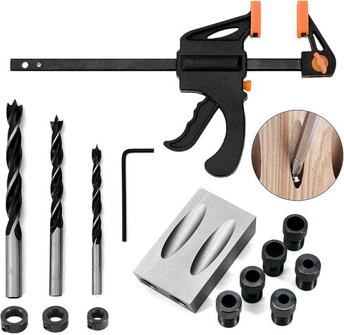 مجموعة جيج بفتحة جيب 15 درجة من سنترز، مع مشبك قضيب سريع الإمساك، لقمة حفر 6/8/10 مم، كم الطيار المركزي، طوق إيقاف للعمق مفتاح سداسي - 15 قطعة من نظام أدوات النجارة الخشبية للنجارة in Kuwait