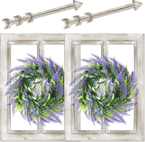 ديكور حائط ريفي من WAKOSAN مع إكليل لافندر وديكور سهام، ديكور جدار إطار نافذة المزرعة، ديكور نافذة خشبي مزيف، ديكور جدار نافذة، مجموعة من قطعتين (12 بوصة × 16 بوصة، أبيض مقاوم للطقس) in Kuwait