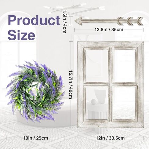 ديكور حائط ريفي من WAKOSAN مع إكليل لافندر وديكور سهام، ديكور جدار إطار نافذة المزرعة، ديكور نافذة خشبي مزيف، ديكور جدار نافذة، مجموعة من قطعتين (12 بوصة × 16 بوصة، أبيض مقاوم للطقس) in Kuwait