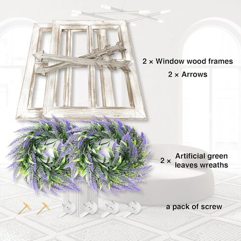 ديكور حائط ريفي من WAKOSAN مع إكليل لافندر وديكور سهام، ديكور جدار إطار نافذة المزرعة، ديكور نافذة خشبي مزيف، ديكور جدار نافذة، مجموعة من قطعتين (12 بوصة × 16 بوصة، أبيض مقاوم للطقس) in Kuwait