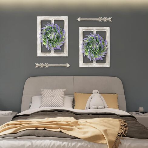 ديكور حائط ريفي من WAKOSAN مع إكليل لافندر وديكور سهام، ديكور جدار إطار نافذة المزرعة، ديكور نافذة خشبي مزيف، ديكور جدار نافذة، مجموعة من قطعتين (12 بوصة × 16 بوصة، أبيض مقاوم للطقس) in Kuwait