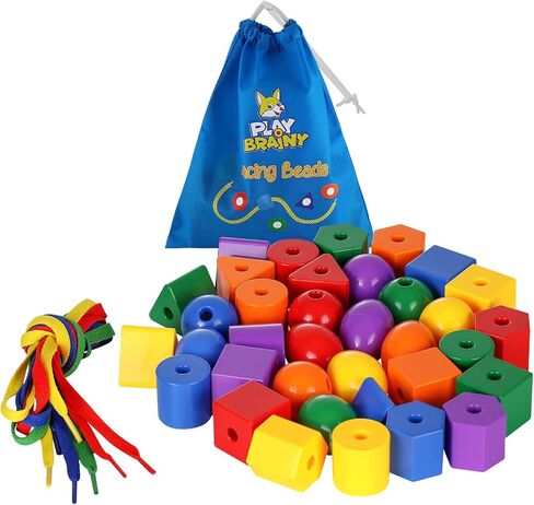 Play Brainy Lacing Beads for Kids - 36-Piece Lacing Beads Kit with Multicolored Polygon Beads and 4 Strings - Jumbo Primary Lacing Beads, Montessori Toys, Occupational Therapy Toys for Ages 3 and Up in Kuwait