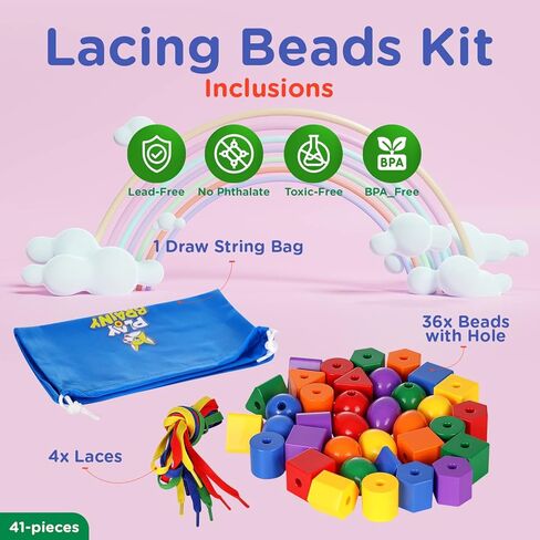 Play Brainy Lacing Beads for Kids - 36-Piece Lacing Beads Kit with Multicolored Polygon Beads and 4 Strings - Jumbo Primary Lacing Beads, Montessori Toys, Occupational Therapy Toys for Ages 3 and Up in Kuwait