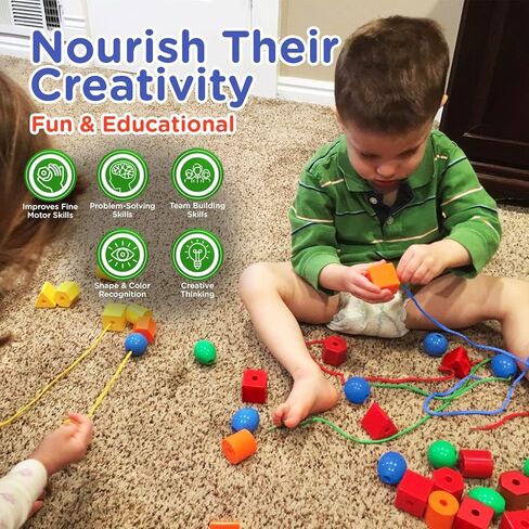 Play Brainy Lacing Beads for Kids - 36-Piece Lacing Beads Kit with Multicolored Polygon Beads and 4 Strings - Jumbo Primary Lacing Beads, Montessori Toys, Occupational Therapy Toys for Ages 3 and Up in Kuwait