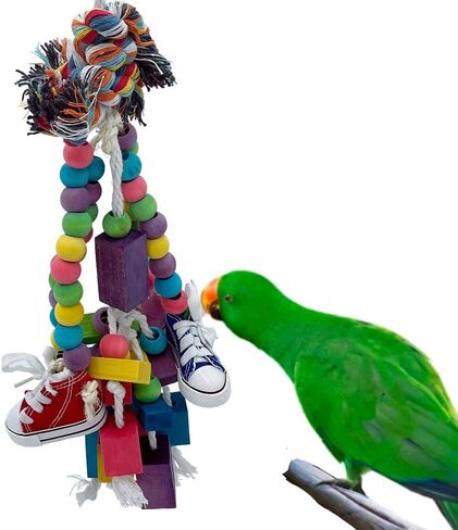 GILYGI 22.4" Large Parrot Chew Toy Bird Chewing Toy Multicolored Wooden Blocks Tearing Toys with 4 Mini Sneakers for African Grey Macaws Cockatoos Eclectus Amazon Parrot Birds in Kuwait