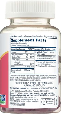 Renew Life Women's Wellness Probiotic Gummies, Probiotic Supplement for Urinary and Digestive Health, B. Coagulans SNZ 1969 and B. Subtilis DE 111, Dairy, Soy and gluten-free, 2 Billion CFU, 48 Count in Kuwait