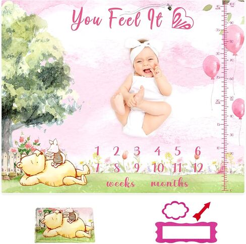 E.Tnal Pink Classic Pooh Baby Stuff - بطانية ويني بيبي الشهرية لديكور الحضانة المحشوة للفتيات الصغيرات Pooh Bear مقاس 47 بوصة × 40 بوصة in Kuwait